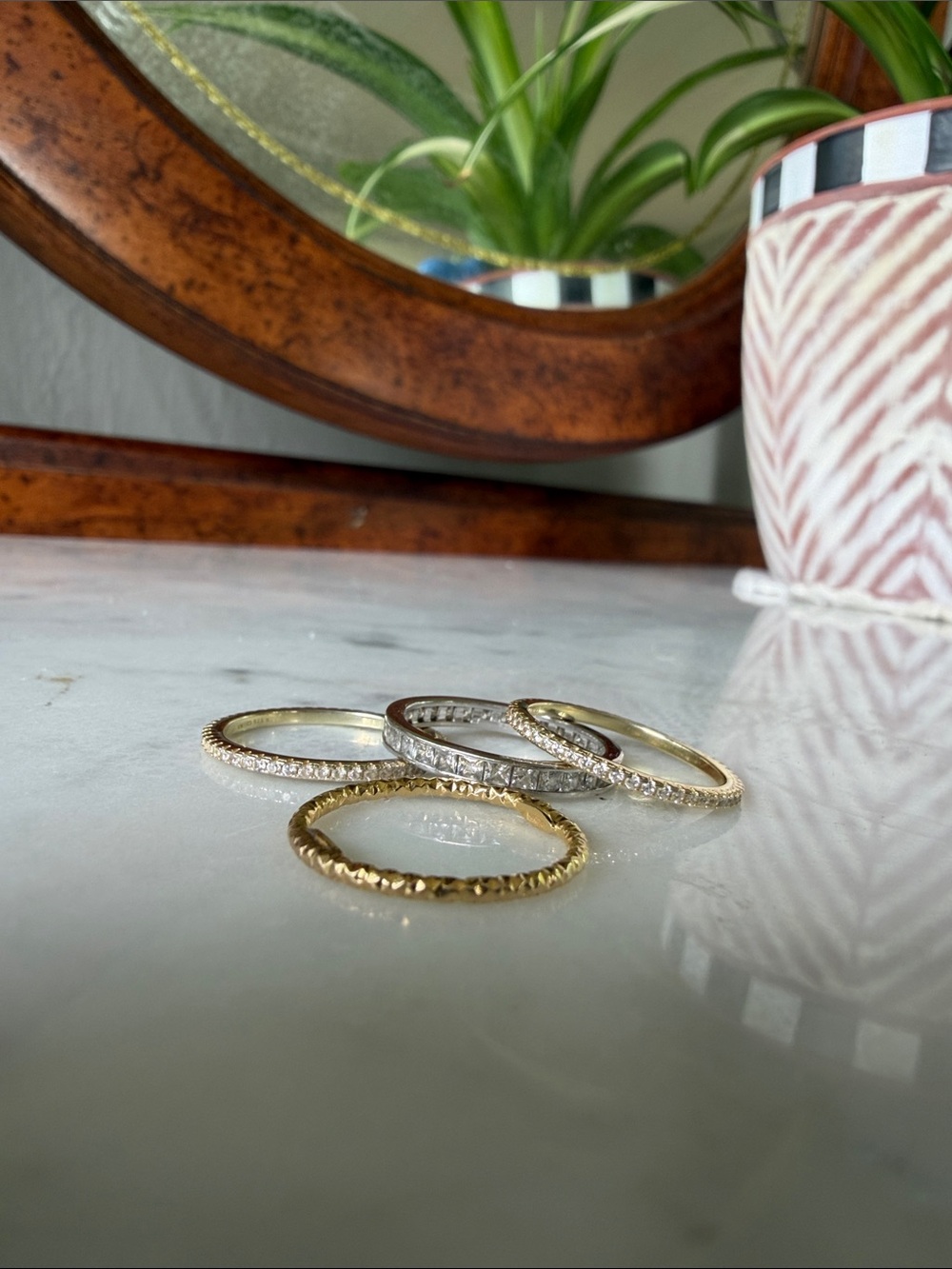 4 Stackable Mixed Metal Crystal and Textured Band Ring Set - Gold & Silver